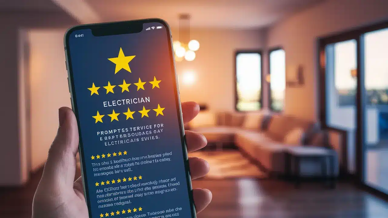 A smartphone screen showing positive customer reviews for an electrician.webp