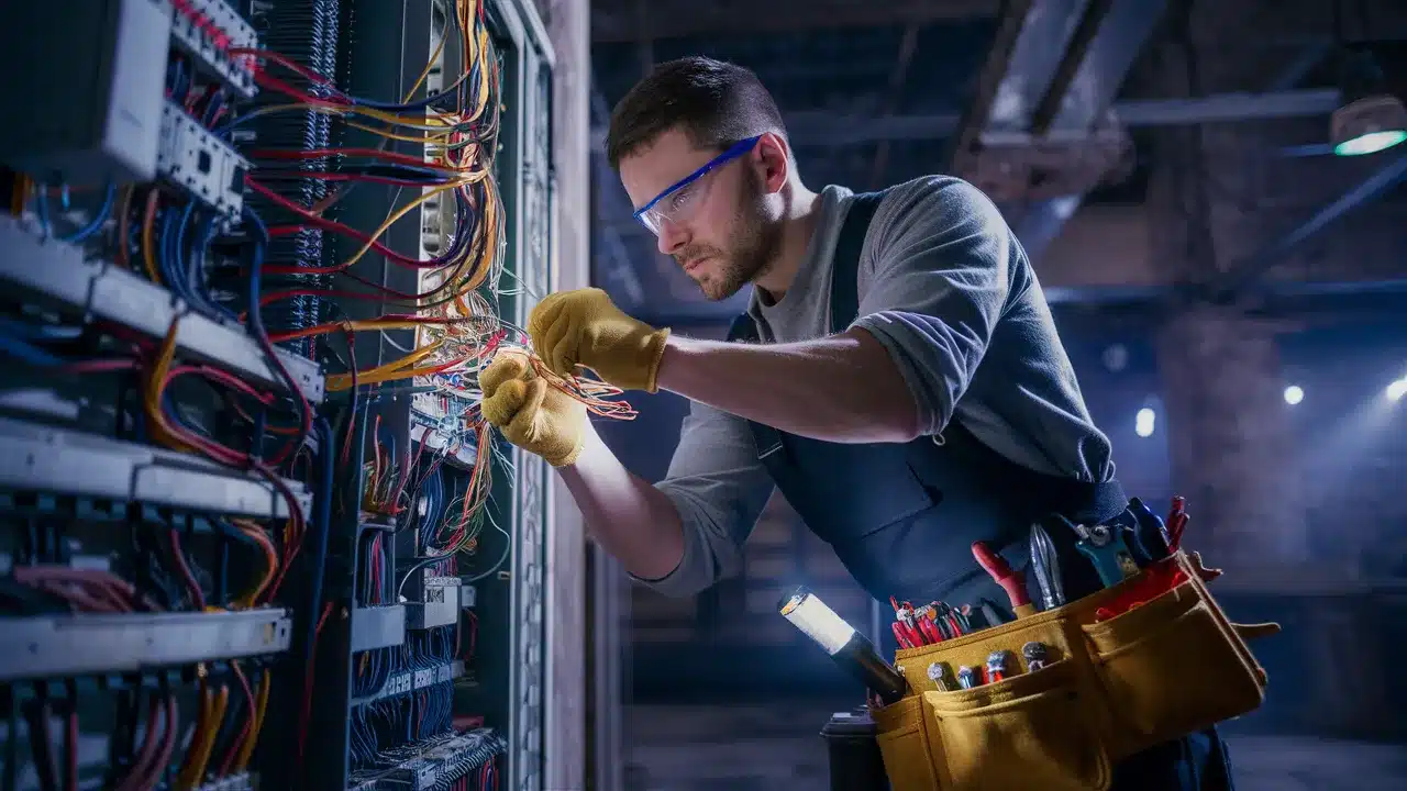 An experienced electrician working on a complex electrical panel.webp